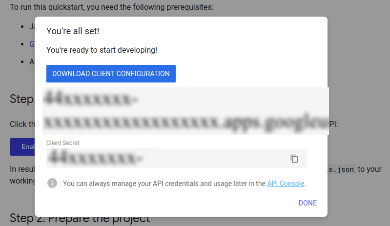 Download crendentials for Google Drive API