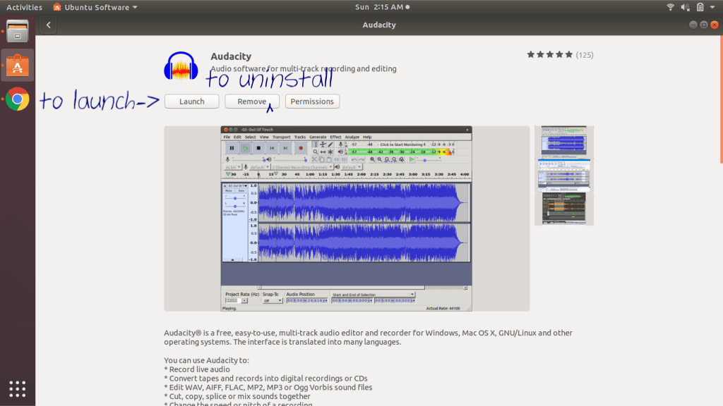 buttons to launch and uninstall and check permissions