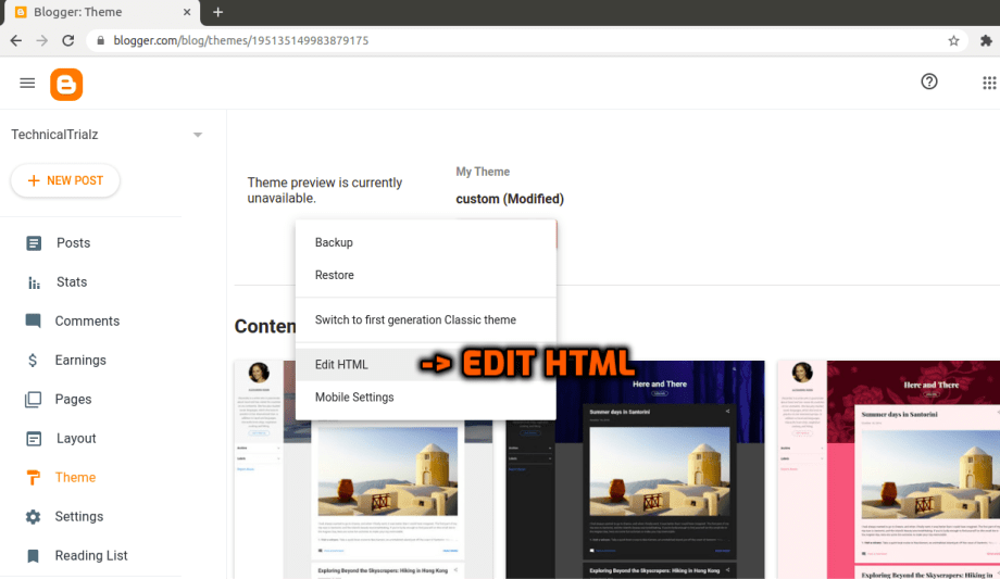 edit html option to see the HTML code of the theme applied