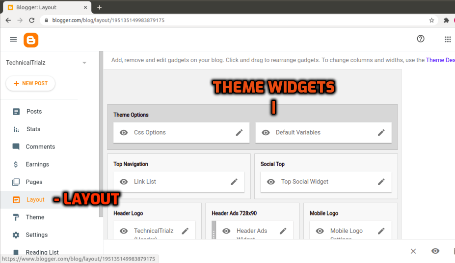 Layout and widgets of the theme applied