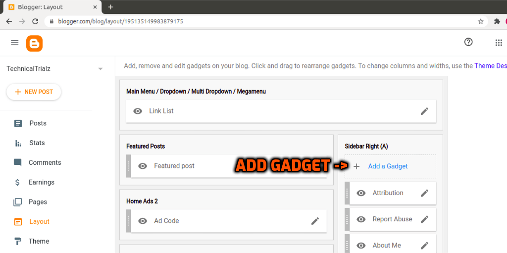 add a gadget link on the layout to add new gadgets