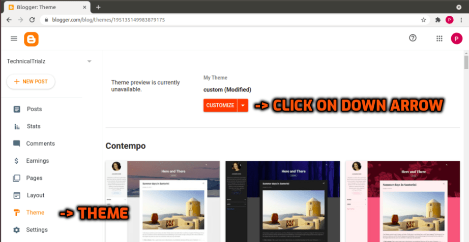 Theme from left menu and down arrow by customize button