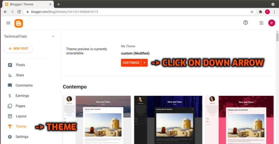 Theme from left menu and down arrow by customize button
