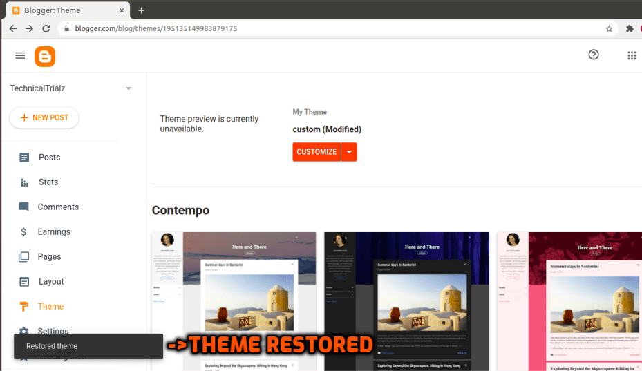 Theme restored pop-up