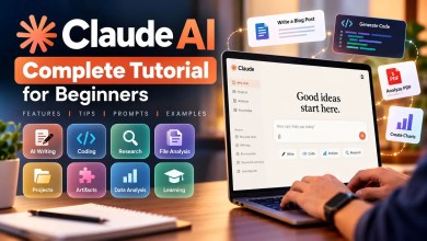 Claude AI tutorial for beginners showing AI writing, coding, research, and file analysis features.