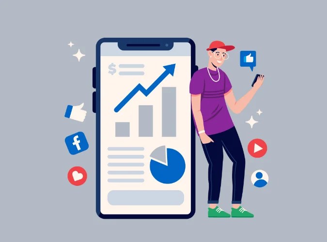 Cartoon of a man interacting with a giant smartphone displaying financial growth charts and social media icons.