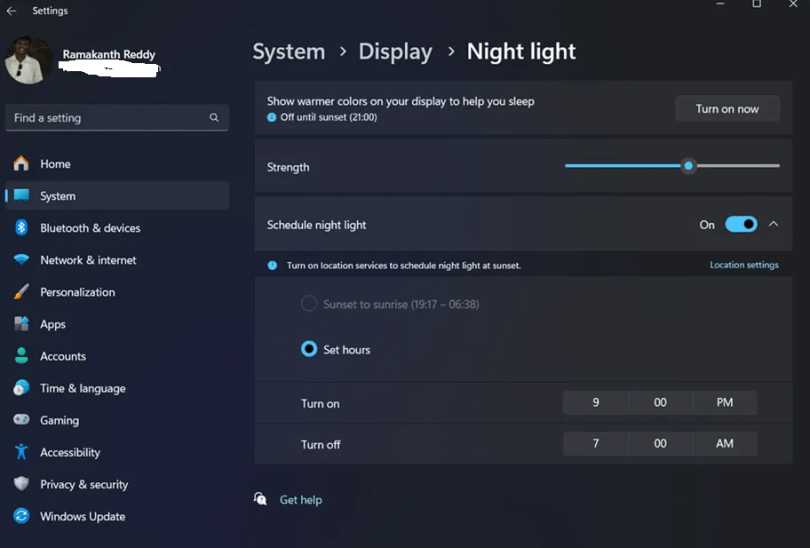 Night Light Settings in Windows 11