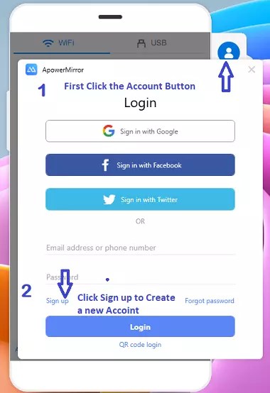 ApowerMirror UI- Account login