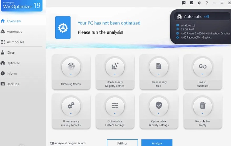 Ashampoo WinOptimizer 19 UI