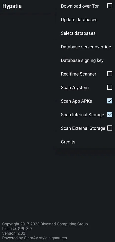 Hypatia Android app Settings