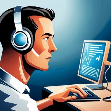 A person sitting at a computer, taking a free online hearing test