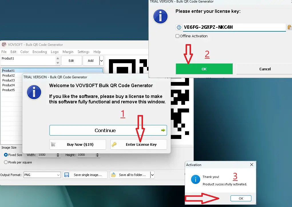 Wowsoft Bulk QR Code Generator Free Free License Code Activation Screen