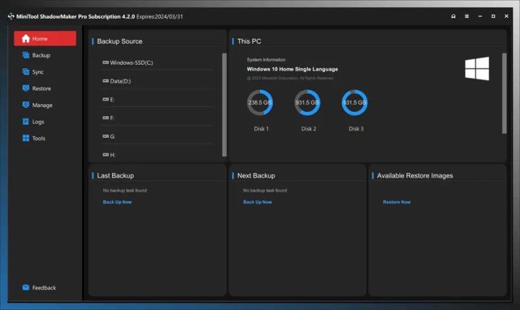 MiniTool ShadowMaker Pro main window showing backup source, destination and disk overview
