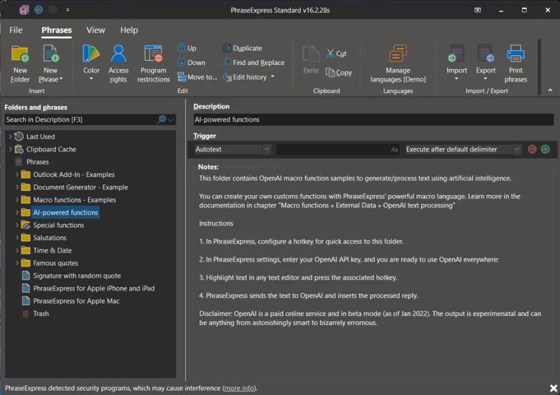 PhraseExpress 16 UI