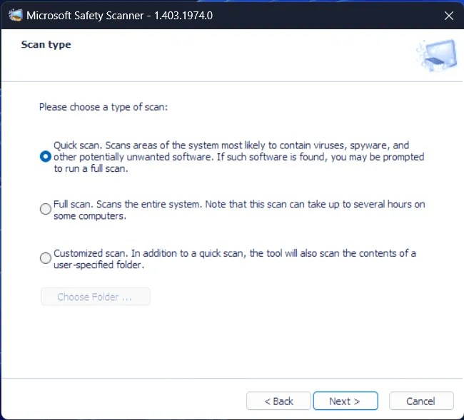Microsoft Safety Scanner- three scanning methods