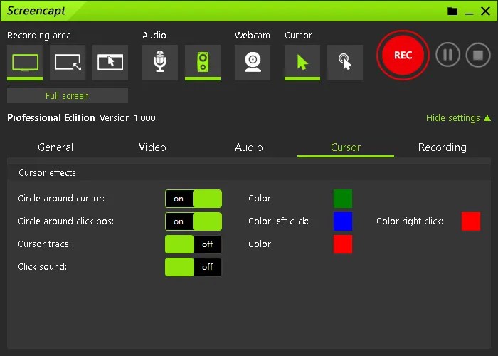 Screencapt Pro settings window with video, cursor and recording options