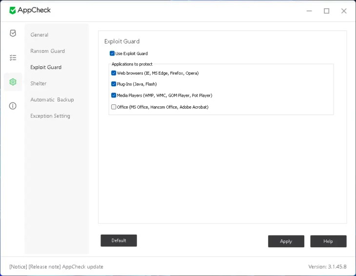 AppCheck Exploit Guard settings listing protected web browsers, plug-ins and media players