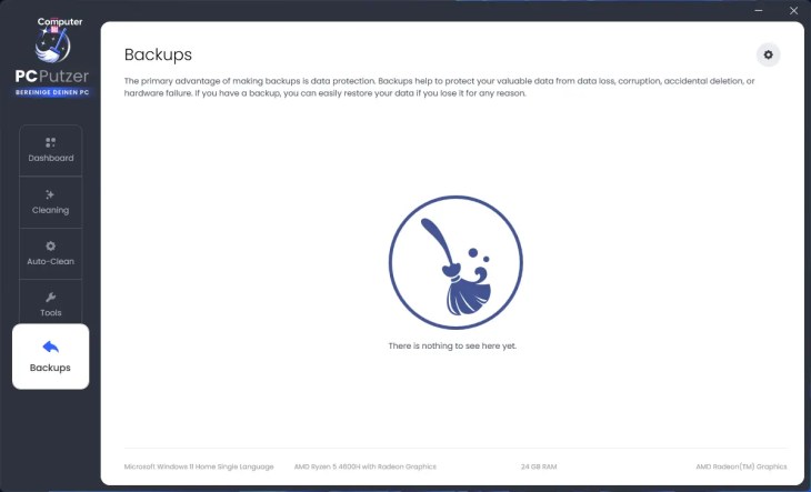 WashAndGo backups section screen