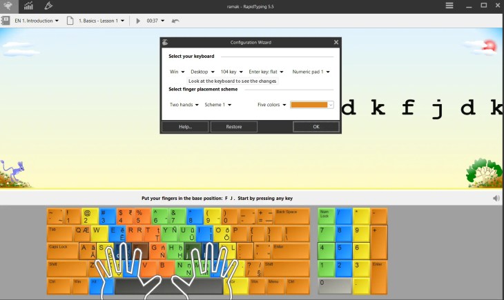 RapidTyping basics lesson showing which finger to use