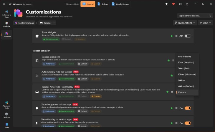 Winhance taskbar customization options including alignment and auto-hide delay