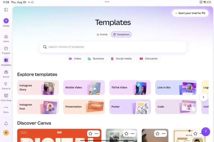 Canva Android app showing Magic Design generating a social media post from text input