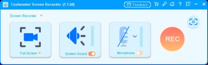 Coolmuster Screen Recorder main toolbar with Full Screen, System Sound, Microphone toggles and REC button