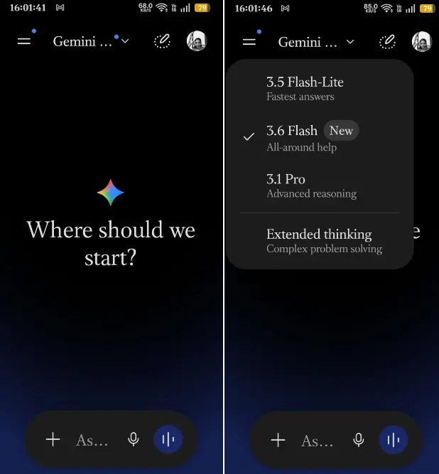 Google Gemini app interface on Android showing a conversational AI chat