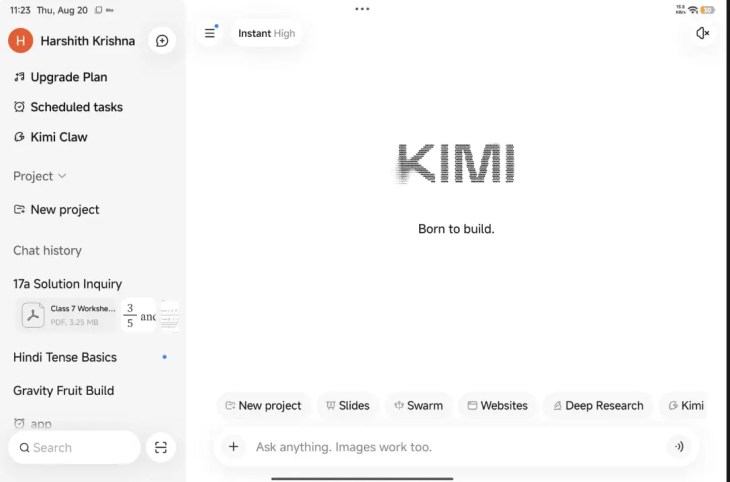 Kimi AI app by Moonshot AI on Android showing a long-document chat with web search