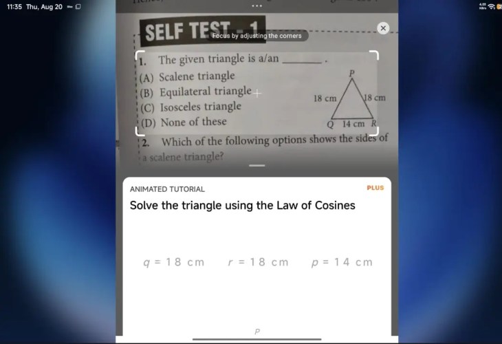 Photomath camera solving a handwritten math equation with a step-by-step breakdown