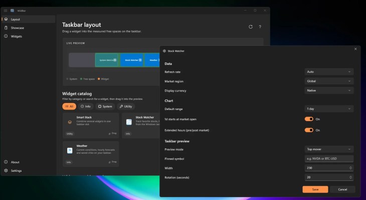WidBar Smart Stack combining several widgets into one taskbar slot
