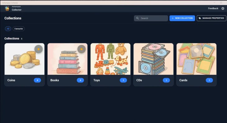 Ashampoo Collector main screen showing Coins, Books, Toys, CDs and Cards collections