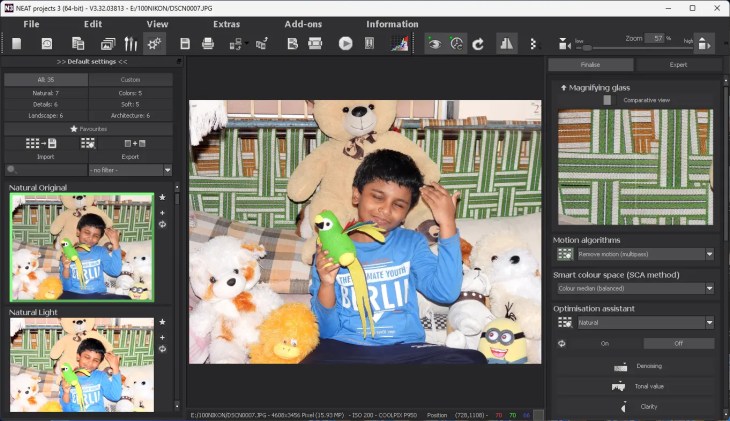 NEAT Projects 3 main editing window with presets, motion algorithms and optimisation panels