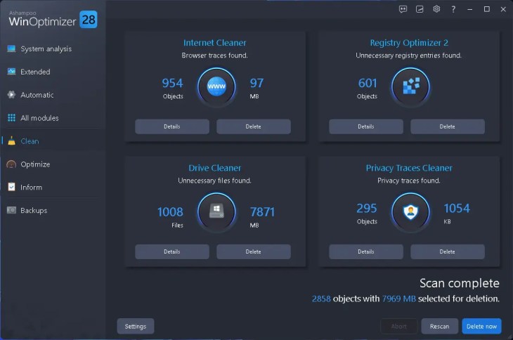 Ashampoo WinOptimizer 28 Clean module with Internet Cleaner, Registry Optimizer 2, Drive Cleaner and Privacy Traces Cleaner results