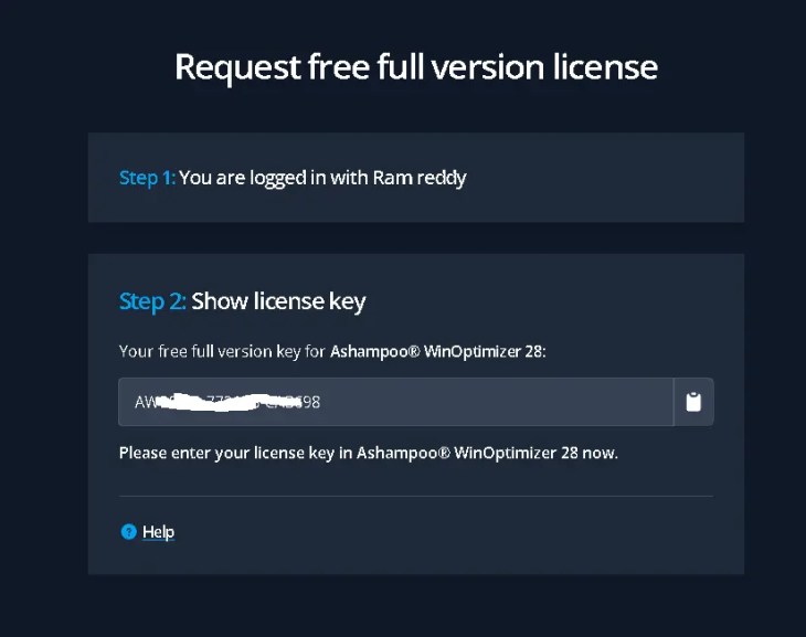 Ashampoo WinOptimizer 28 full version license key shown after signing in to the Ashampoo account