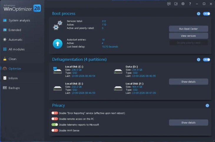 Ashampoo WinOptimizer 28 Optimize module showing boot process stats, defragmentation for four partitions and privacy toggles