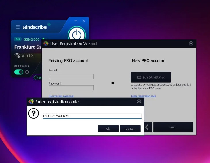 DriverMax 17 User Registration Wizard with the Enter registration code dialog open