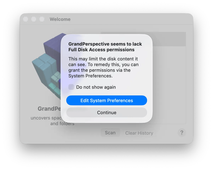 GrandPerspective requesting full disk access for scanning