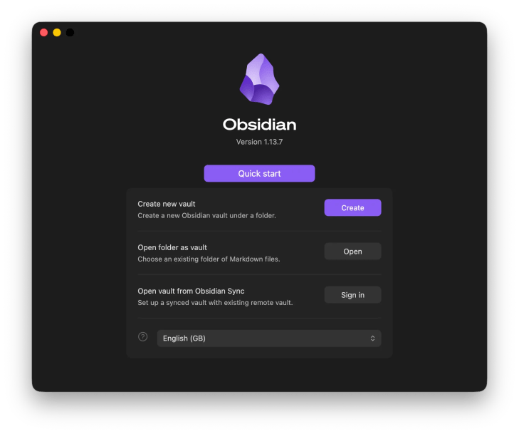 Obsidian 1.13.7 quick start screen