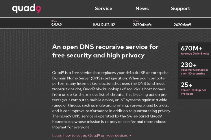 Quad9 free DNS resolver homepage showing 9.9.9.9