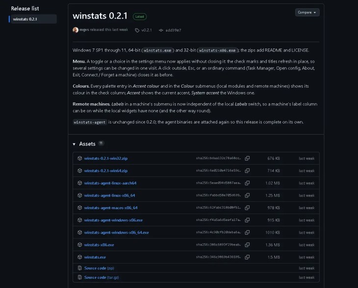 Winstats 0.2.1 GitHub release page listing winstats.exe, winstats-x86.exe, zip files and winstats-agent builds