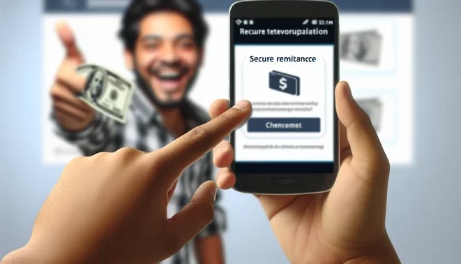 alt_text: A phone shows a confirmed transfer; a smiling recipient checks it, symbolizing secure remittance.
