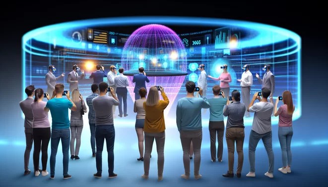 A diverse group of customers interacts with a holographic HUD showcasing 360-degree telecom data.