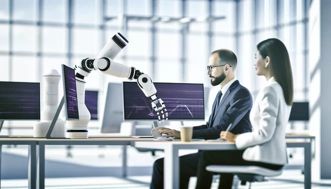 alt_text: A photorealistic image depicting collaboration between AI and humans at a modern office desk.