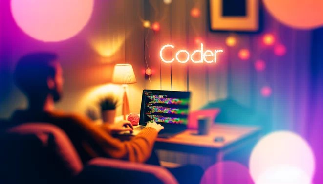 alt_text: Cozy nighttime coder portrait at a desk, neon glow, laptop with colorful code, warm lighting.
