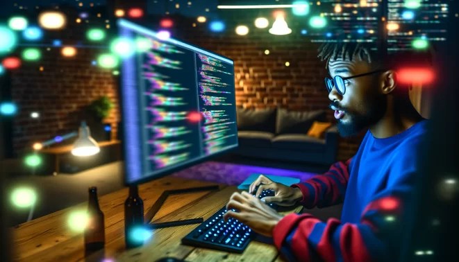 Young mixed-race programmer coding at night in a cozy loft, vibrant lights, and a warm ambiance.