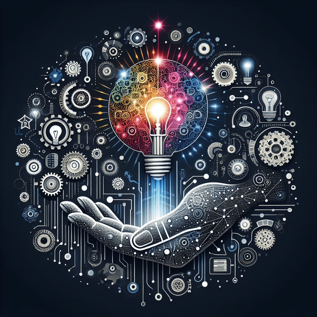 An abstract image featuring gears, light bulbs, a brain, and circuits arranged in a dynamic pattern to symbolize the fusion of creativity and artificial intelligence in content creation.