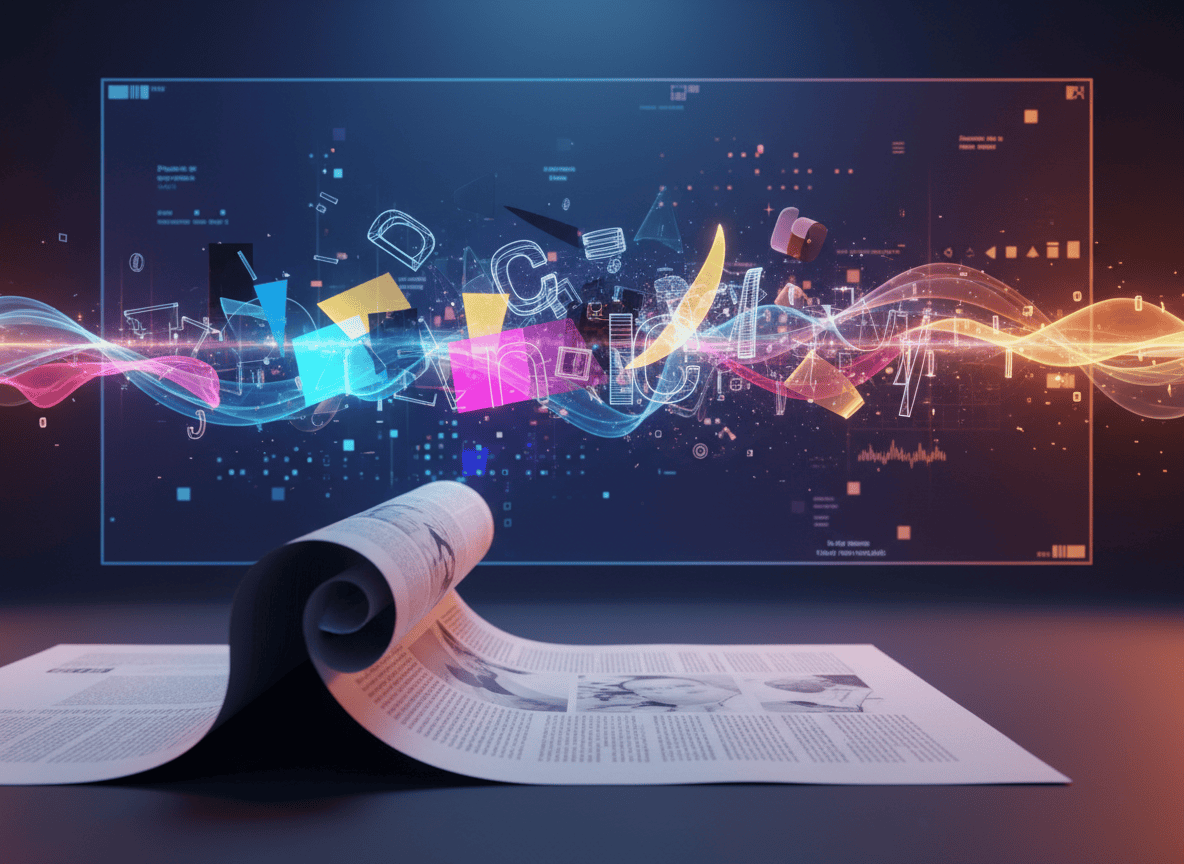 Cinematic 3D editorial render showing a printed page transforming into vector graphics and a modern creative canvas.
