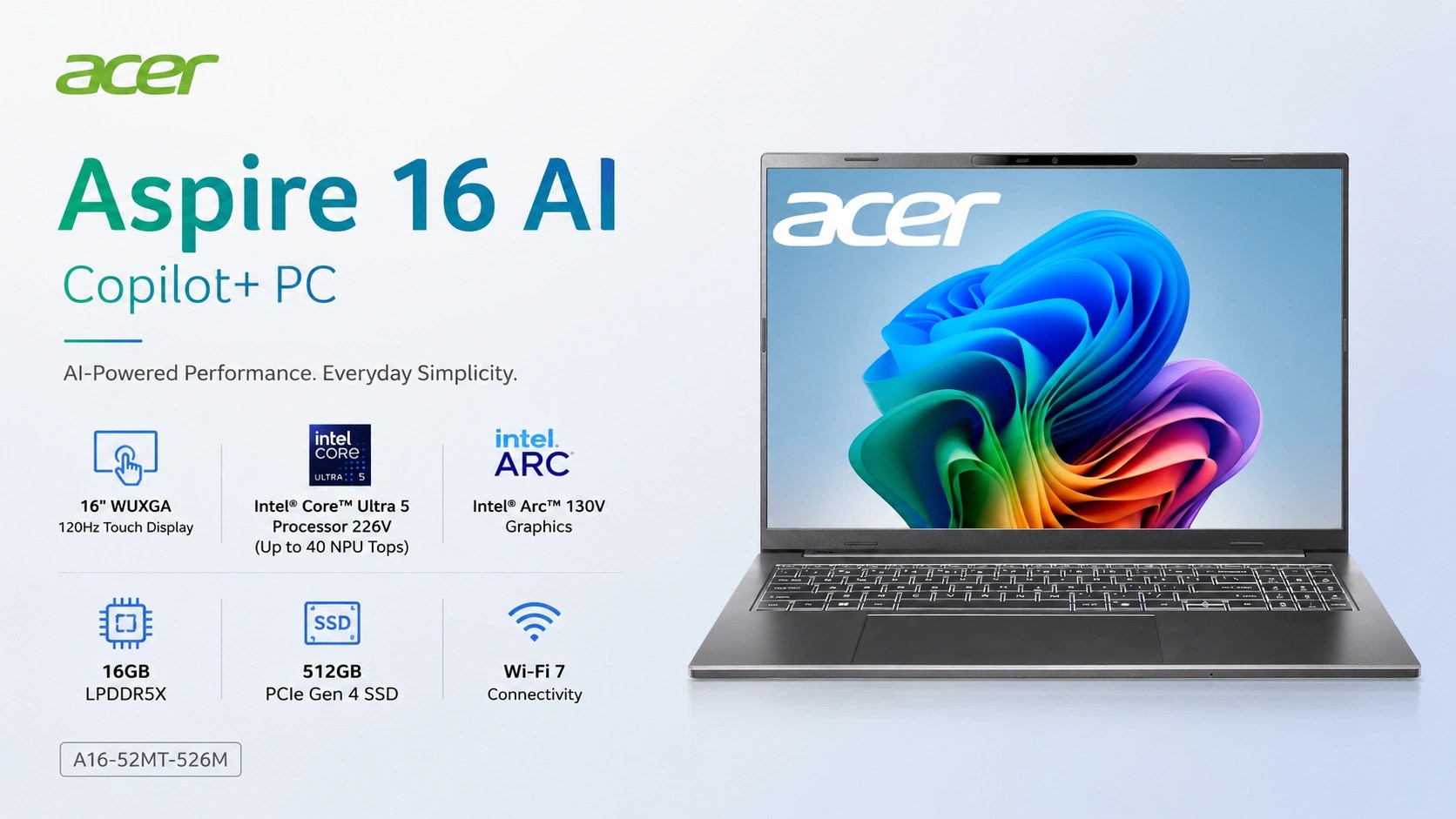 Acer Aspire 16 AI A16-52MT-526M (NX.JNPAA.007) Copilot+ PC Laptop Launched in the US, powered by Intel Core Ultra 5 Processor 226V