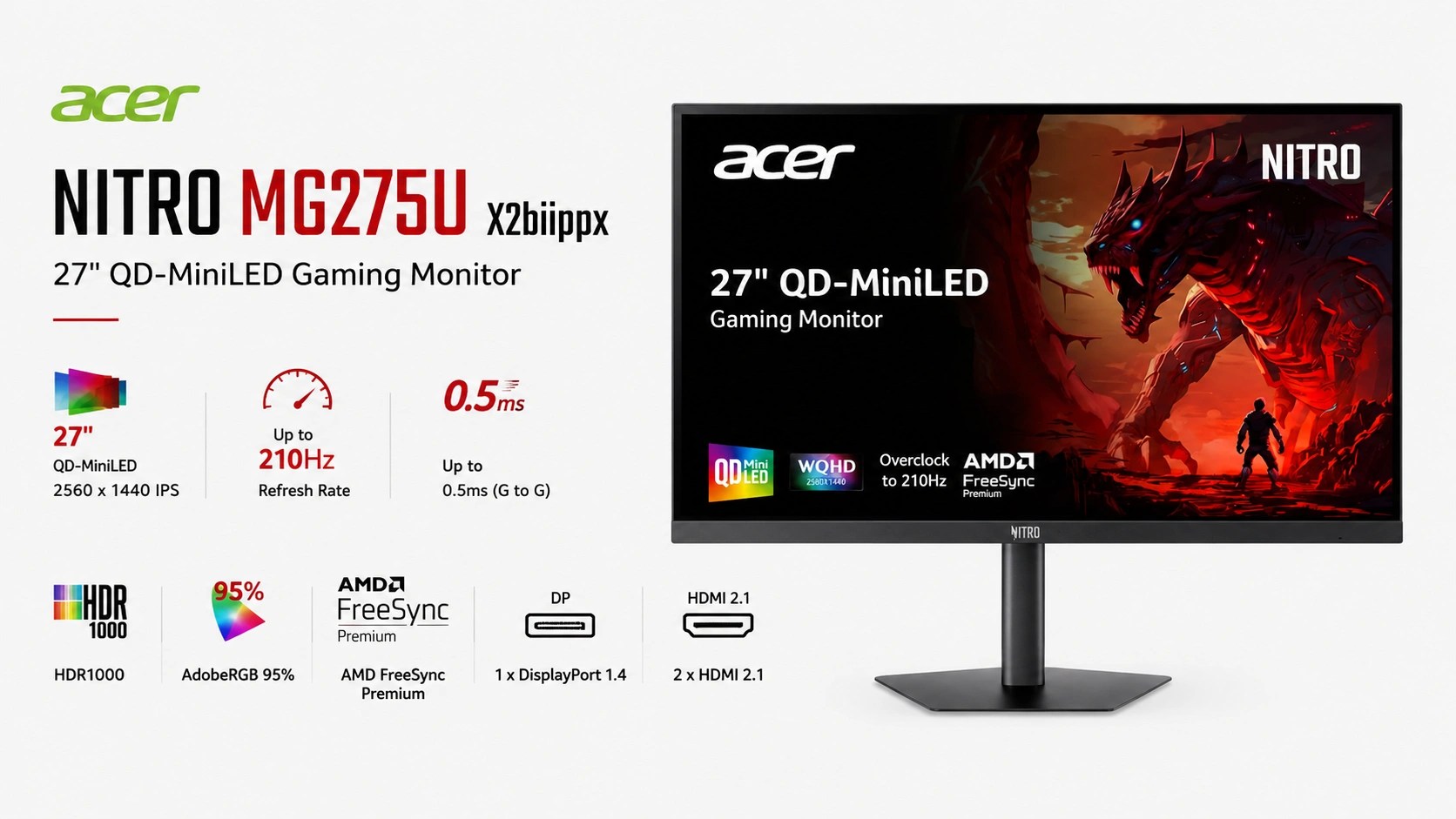 Acer Nitro MG275U X2biippx (UM.HM5AA.201) 27″ QD-MiniLED Gaming Monitor Launched in the US [ QHD 210Hz, HDR1000, 99% DCI-P3 ]