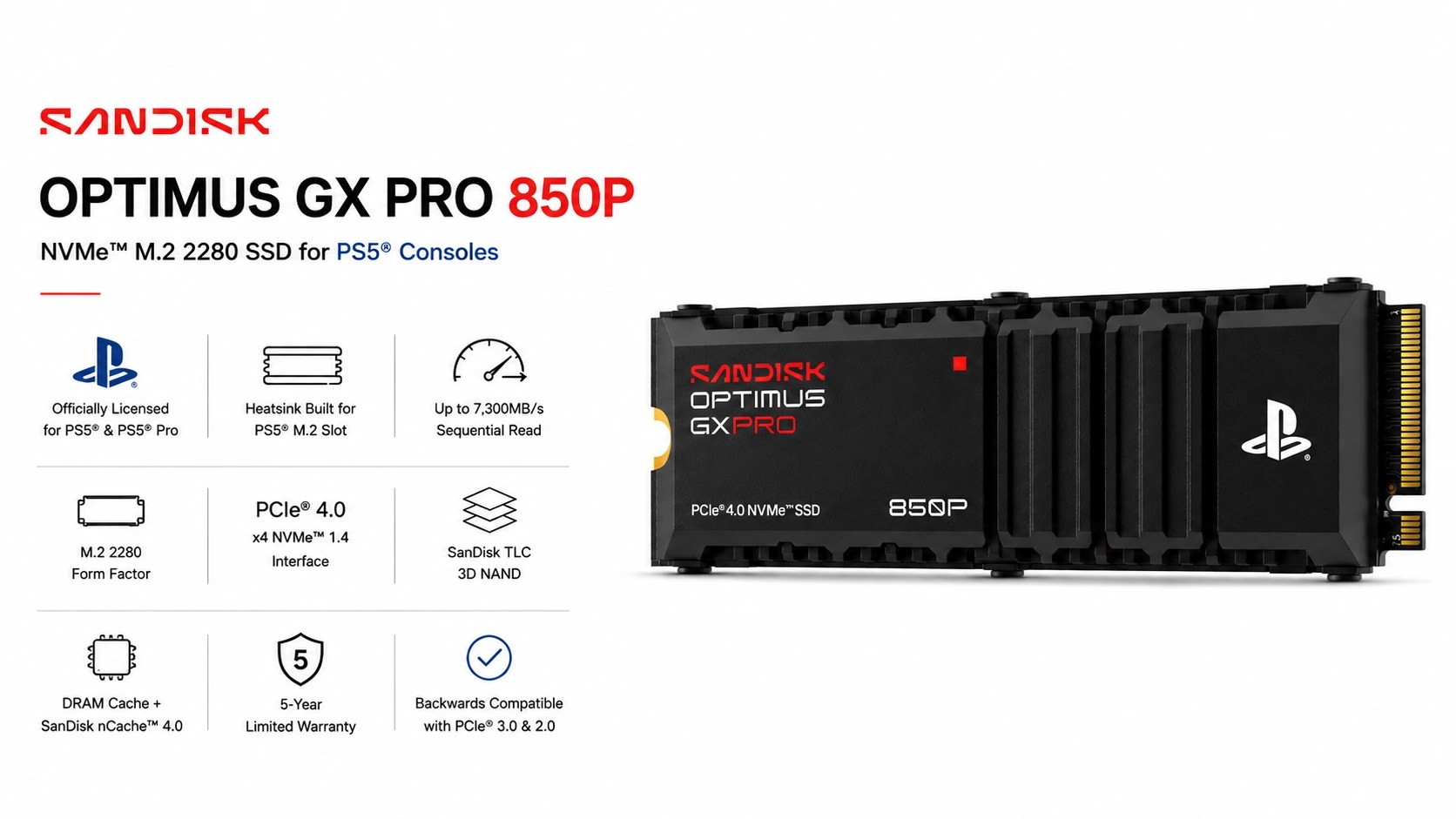 SanDisk Optimus GX PRO 850P NVMe M.2 2280 SSD for PS5 consoles with PlayStation logo heatsink in 1TB, 2TB and 4TB capacities